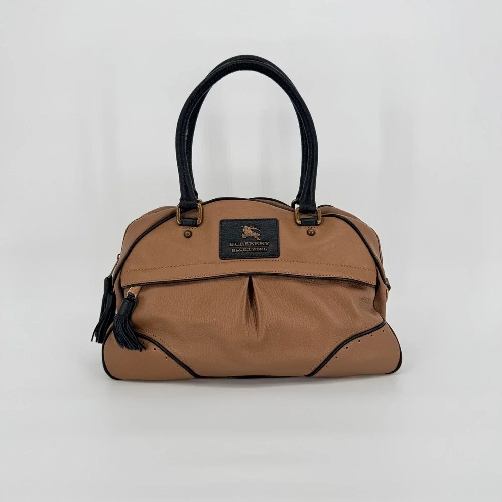 Burberry Blue Label Bowler Satchel Bag Taupe Leather Luxury Travel Work Sporty
